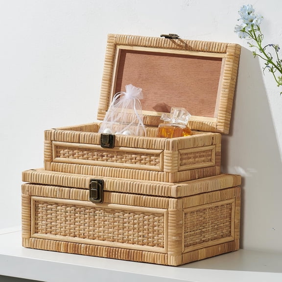 2PCS Rattan Box with Lid Decorative Natural Handmade Boho Baskets Woven Wicker Cane Bins Keepsake Memory Jewelry Boxes Rectangular Desk Shelf Closet Organizer Container (1 Large 1 Small)