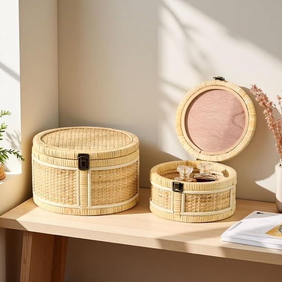 2PCS Rattan Storage Boxes with Lids - Natural Rattan Round Baskets Set for Home Organization