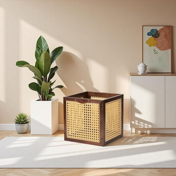 2PCS Rattan Storage Cubes Wooden Storage Baskets Boxes Decorative Natural Handmade Bohemian Solid Wood Woven Wicker Cane Bin Closet Shelf Clothes Organizer Books Magazine Holder (Walnut)