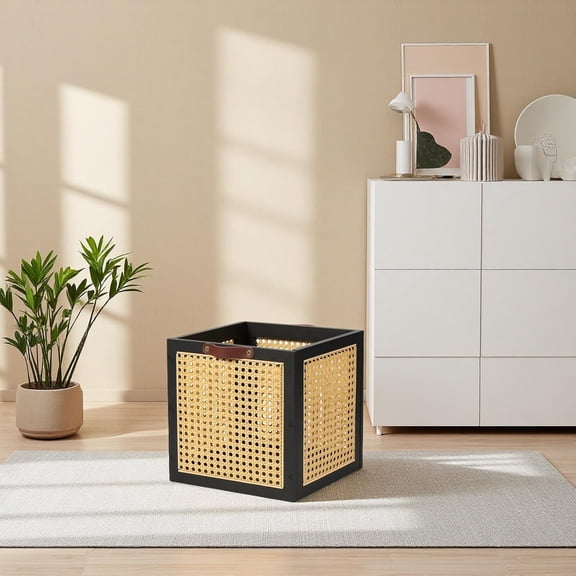 2PCS Rattan Storage Cubes Wooden Storage Baskets Boxes Decorative Natural Handmade Bohemian Solid Wood Woven Wicker Cane Bin Closet Shelf Clothes Organizer Books Magazine Holder (Black)