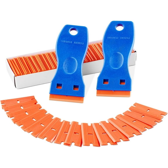 2PCS Razor Blade Scraper,Plastic Scraper Tool with 100PCS Plastic Blades,Cleaning Scraper Remover for Stickers,Decals,Adhesive,Labels,Paint from Glass, Car,Window,Caulk,No Scratches,Blue