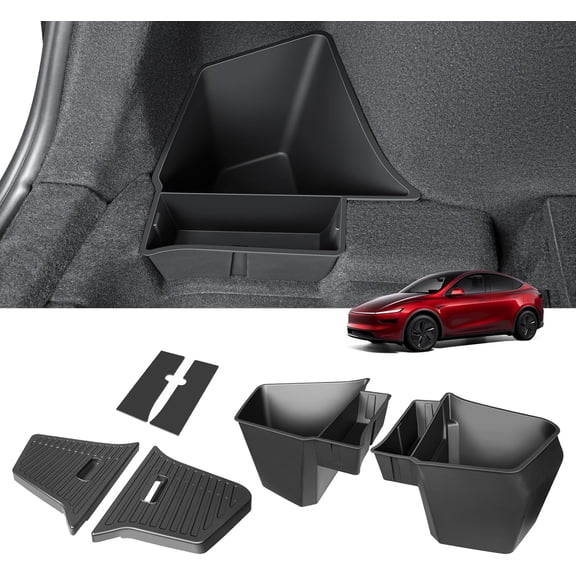 2PCS Rear Trunk Storage Bins with Lids for Tesla Model Y Juniper 5 Seater,TPE Side Cargo Organizer Boxes Rear Trunk Containers for New Tesla Model Y 2025-2026 Accessories