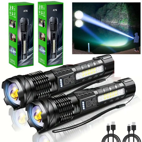 2PCS Rechargeable LED Flashlight, Adjustable Focus Camping Hiking Outdoor Flashlight Work Light