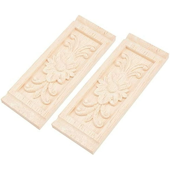2PCS Rectangle with Flower Wood Carving Decal 6.3x2.4inch Unpainted Home Furniture Decor Natural Solid Wood Carved Onlay Applique for Furniture Doors Walls Ornamental Decor