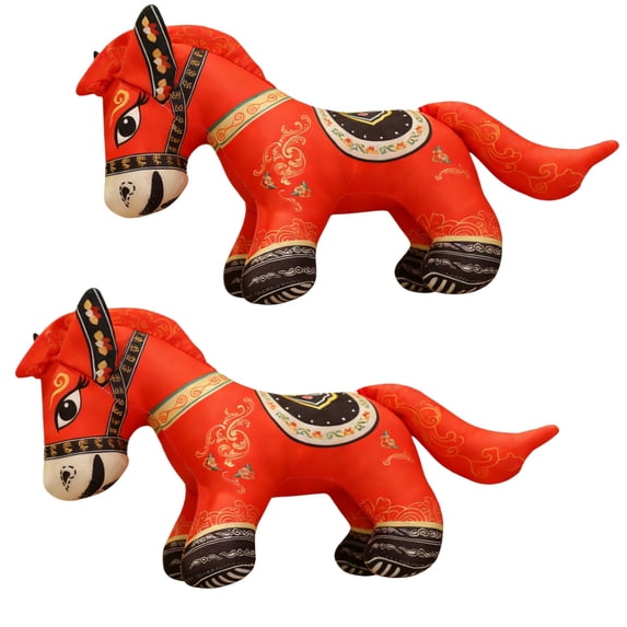 2PCS Red Chinese Style Plush Pony Doll: Year of the Horse Zodiac Mascot with Classic Oriental Pattern, Soft Cuddly Horse Toy for Kids Home Office Decor Gift