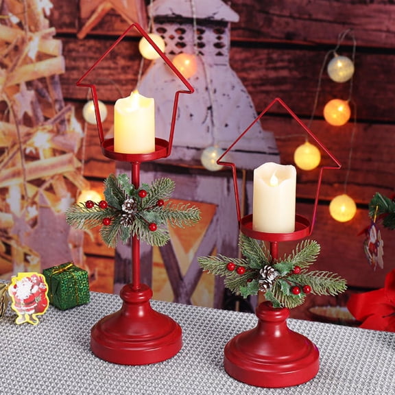 2PCS Red Christmas Candle Holder, Wrought Iron Christmas Candle Holders with Artificial Holly Leaf, Decorative Christmas Candles Holders, Candle Stick Holders, L+S
