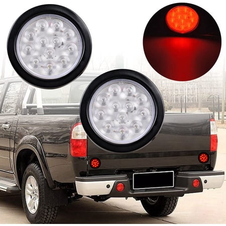 2PCS Red Light Clear Lens 12-LED 4" Round Truck Trailer RV Brake Stop Tail Lamps Rubber Cover Grommet Wiring Plug Kit