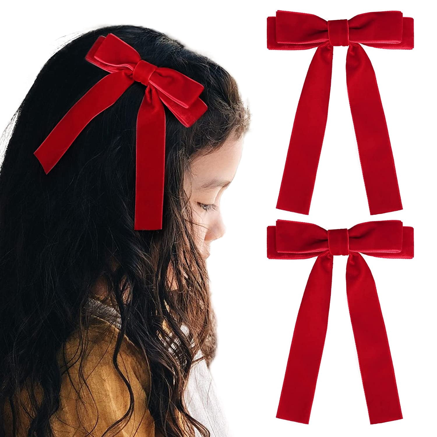 2PCS Red Velvet Bows Girls Hair Clip Ribbon Accessories for Baby
