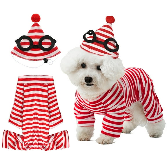 MYATED 2PCS Red and White Striped Dog Shirt with Matching Hat, Holiday Halloween Christmas Pet Clothes for Puppy Party, XX-Large