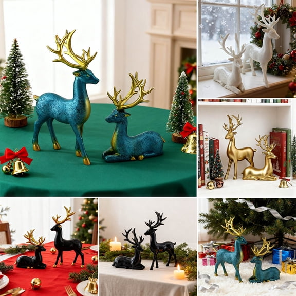 2PCS Reindeer Christmas Decor, Standing Sitting Deer Figurines, Small Reindeer Christmas Table Decorations, Indoor Xmas Table Decor for Home Holiday Desktop Bookshelf Office(Blue)