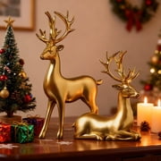 2PCS Reindeer Christmas Decor, Standing Sitting Deer Figurines, Small Reindeer Christmas Table Decorations, Indoor Xmas Table Decor for Home Holiday Desktop Bookshelf Office(Gold)