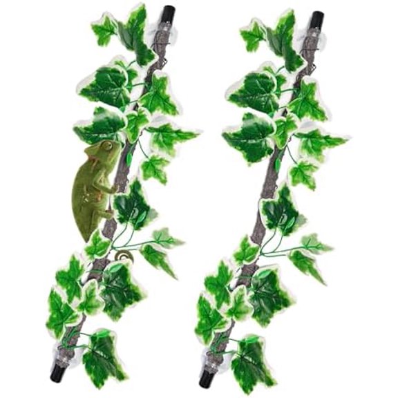 2PCS Reptile Climbing Branch, Bendable Jungle Vine with Leaves Terrarium Plant Decoration with Suction Cup Chameleon Cage Accessories for Gecko Lizard Bearded Dragons Snake (White Vein Ivy)