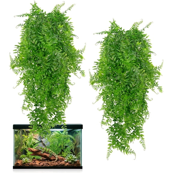 2PCS Reptile Plants for Terrarium - Fake Hanging Terrarium Plants, Artificial Boston Fern for Bearded Dragon Snake Geckos Hermit Crab Lizard Chameleon Turtle Reptile Decor(L31.5)