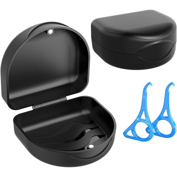 2PCS Retainer Case Denture Case: Orthodontic Dental Case, Slim Braces Case, Mouth Guard Case, Denture Box, Teeth Aligner Case, Night Guard Case Container Storage Holder Black