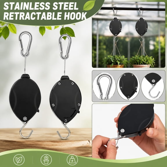 2PCS Retractable Plant Hanger Pull Down Hanging Plant Pulley System for Easy Height Adjustment Quick Lock Heavy Duty Support Indoor Outdoor Use for Baskets Pots Bird Feeders,A