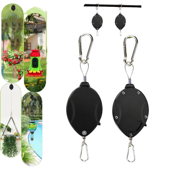 2PCS Retractable Plant Pulley Hooks, Heavy-Duty Adjustable Stainless Steel Hangers for Hanging Baskets, Flower Pots & Bird Feeders, Black