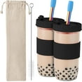 thumbnail image 1 of 2PCS Reusable Boba Cup Bubble Tea Cup, 24Oz Leakproof Glass Smoothie Cups with Wide Mouth Silicone Sleeve Lids Straws for Women men, Mason Jar Boba Tumbler for Travel Work School, Black, 1 of 7