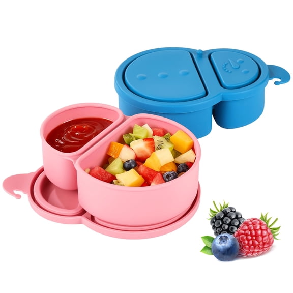 2PCS Reusable Silicone Snack Containers, Dual Compartment Snack Boxes with Lids, Portable Food Storage Boxes, Mini Leakproof Seasoning Boxes for Lunch, Travel, Office