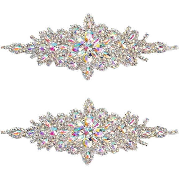 2PCS Rhinestone Applique Patches (Silver 9.5x3.7Inch) Glitter ABColor Crystal Rhinestone Iron On Patches Flower Wedding Belt Applique Hotfix Rhinestone Patches