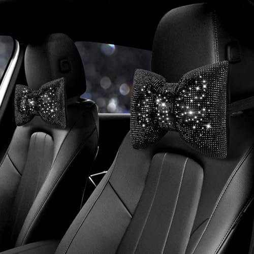 2PCS Rhinestone Car Headrest Neck Pillow for Driving with Bling Bling Crystal Bow Pillow Car Accessories for Women (Black)