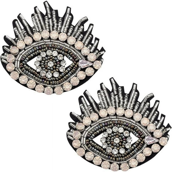 2PCS Rhinestone Evil Eyes Beaded Patch 3x2.6inch Exquisite Black Tearful Eye Embroidery Sew On Patches Bling Pink Clear Rhinestone Applique Patch
