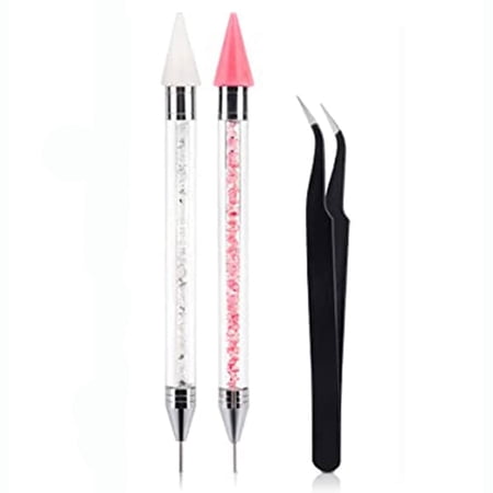 2PCS Rhinestone Picker Dotting Pen Dual-Ended Nail Diamond Painting Dotting Tool Pen Wax Pencil Gems Crystals DIY Nail Art Crafts Applicator Jewel Picker Tool With 1Pcs Tweezer