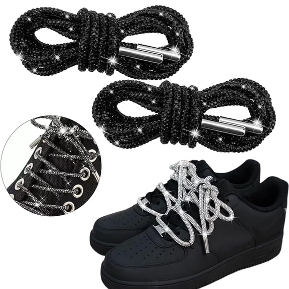 2PCS Rhinestone Shoe Laces,Round Glitter Shoes Laces for Sneakers,Crystal Bling Diamond Rope Shoe Strings,Crystal Bling Blings Shiny Round Shoes Lace for Sweatpants Shorts Crystal Hoodies(Black)