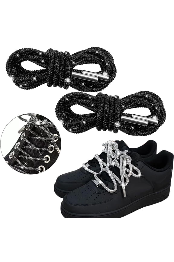 2PCS Rhinestone Shoe Laces,Round Glitter Shoes Laces for Sneakers,Crystal Bling Diamond Rope Shoe Strings,Crystal Bling Blings Shiny Round Shoes Lace for Sweatpants Shorts Crystal Hoodies(Black)