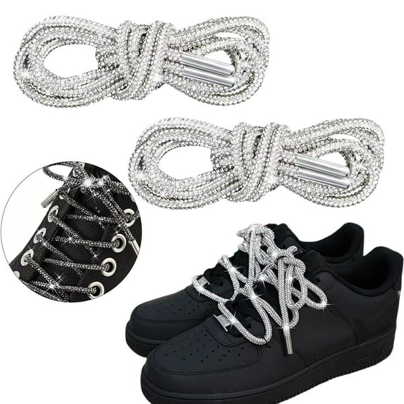 2PCS Rhinestone Shoe Laces,Round Glitter Shoes Laces for Sneakers,Crystal Bling Diamond Rope Shoe Strings,Crystal Bling Blings Shiny Round Shoes Lace for Sweatpants Shorts Crystal Hoodies(White)