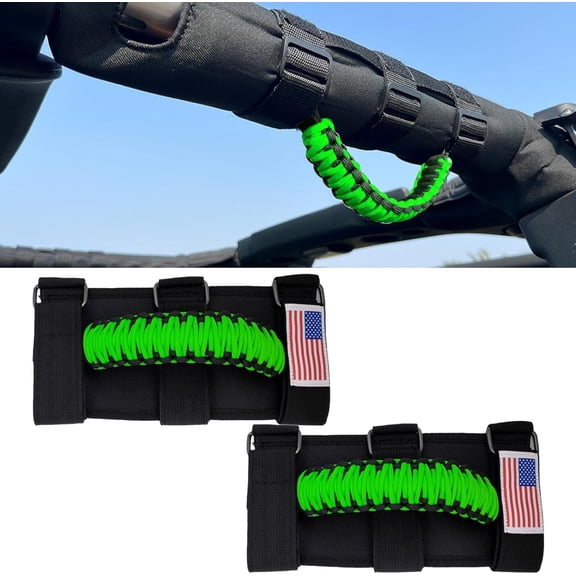 2PCS Roll Bar Grab Handles for Wrangler JL, JLU, JT, JK, JKU, TJ, LJ and YJ Oxford Cloth Upgrade Metal Buckle Paracord Grip Handles, Durable and Strong Car Accessories (Green)