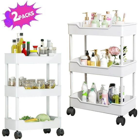 2PCS Rolling Utility Cart,3 Tier Rolling Kitchen Storage Utility Cart on Wheels Multifunction Basket Stand Shelf for Bathroom Office, Full Metal Storage Art Trolley Craft Carts Black