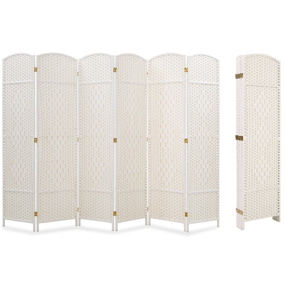 2PCS Room Dividers Folding Privacy Screens 6 Panels Wood Weave Freestanding Patio Fence Partition Panel Wall Divider White