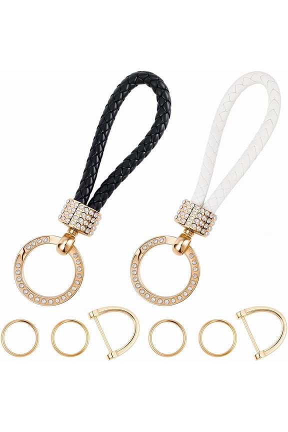 2PCS Rope PU Leather Keychain with Rhinestone 2 Keyring D-Ring Metal Clip Diamond Studded Leather Keychain Mixed Color