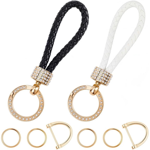 2PCS Rope PU Leather Keychain with Rhinestone 2 Keyring D-Ring Metal Clip Diamond Studded Leather Keychain
