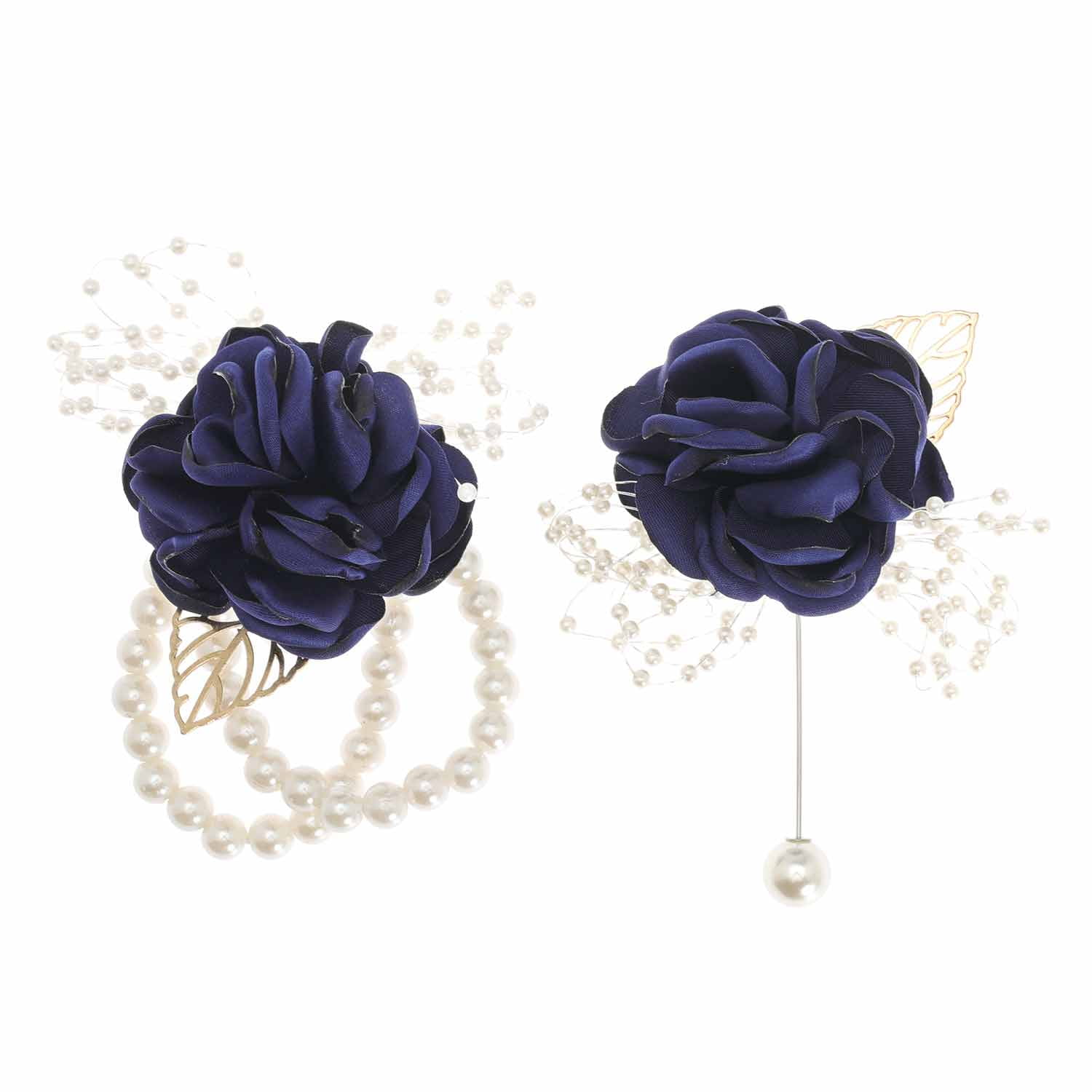 GracesDawn Artificial Rose Wrist Corsage & Boutonniere Set - Misty Blue, For Wedding, Prom, Bride & Groom