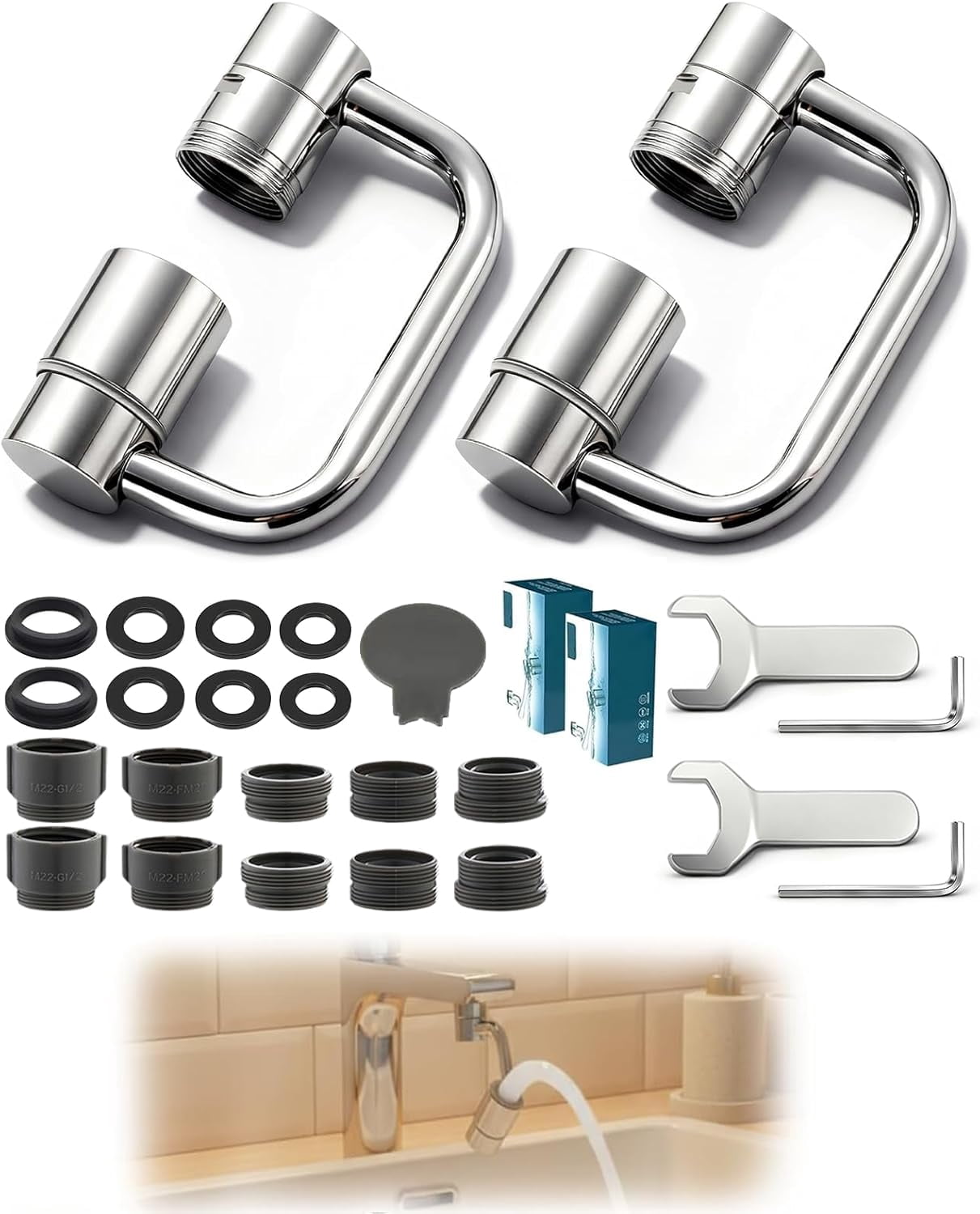 2PCS Rotatable Faucet Aerator Extension 1440°, U Shape 2 Spray Modes Adjustable Flexiflow 360° Rotating Sink Faucet Extender for Kitchen & Bathroom