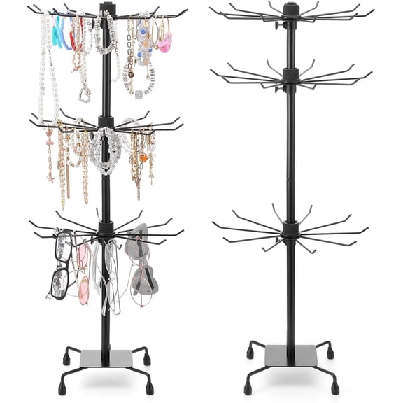 2PCS Rotating Display Stand Metal Spinner Display Rack with Hooks Adjustable Height Holders for Earrings Necklace Key Rings, 3 Tiers Retail Vendor Jewelry Display Rack(Black)
