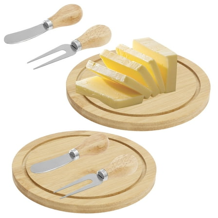 2PCS Round Cheese Board Set Smooth Solid Bamboo Cheese Cutting Tool Set Beautiful Mini Board with Knives and Forks Bulk for Party