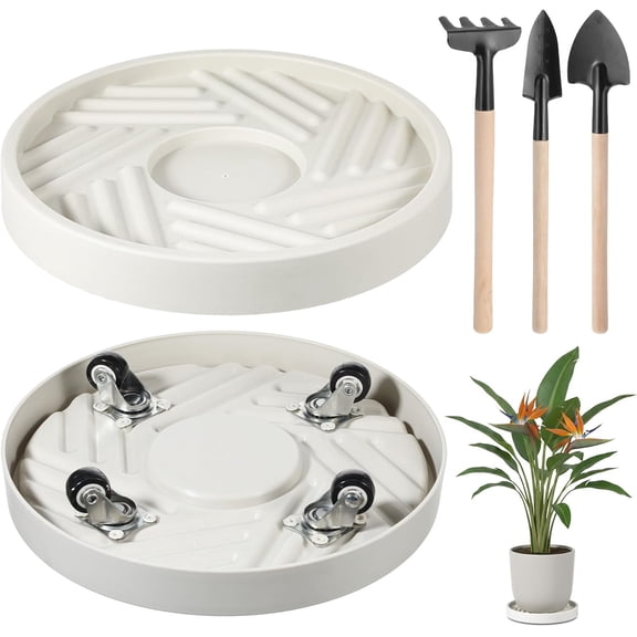 2PCS Round Plant Caddy with Hidden 360  Rotating Silent Wheel Wheels, 10 Inch Heavy Duty Rolling Plant Stand with 3pcs Garden Tools for Indoor Outdoor Beige
