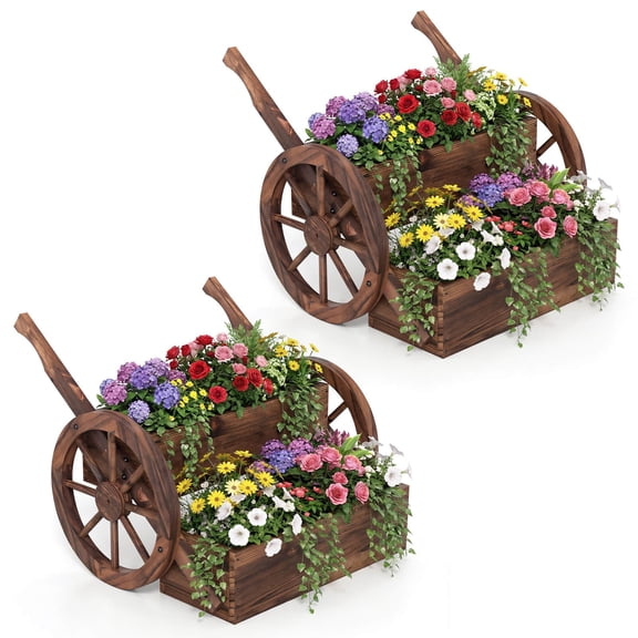 2PCS Rustic Wood Wagon Planter 2-Tier w/ Wheels Handles&Drainage for Patio