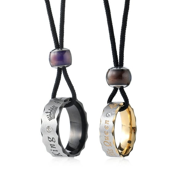 2PCS/SET Adjustable Stainless Steel Couple's Necklace Set - "Her King" & "His Queen" Inscribed Rings with Iridescent Bead, Perfect for Romantic Gifts, Valentine's Day Gift(Black&Silvey Golden)
