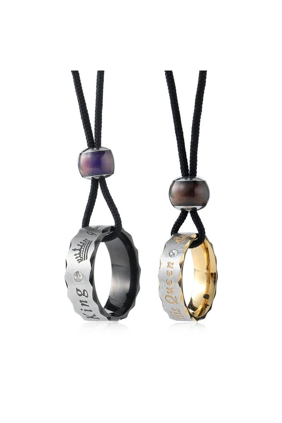 2PCS/SET Adjustable Stainless Steel Couple's Necklace Set - "Her King" & "His Queen" Inscribed Rings with Iridescent Bead, Perfect for Romantic Gifts, Valentine's Day Gift(Black&Silvey Golden)