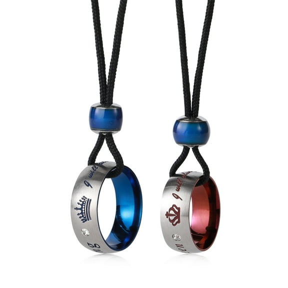 UTHOSMDO Stainless Steel Couples Pendant Necklace Set - 'Her King' & 'His Queen' Inscribed Rings, Romantic Gift