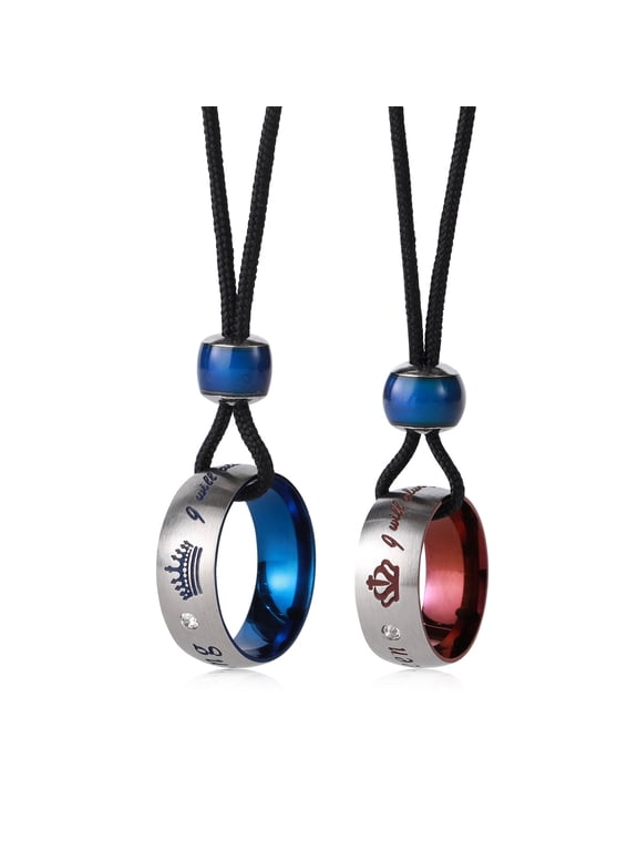 Stainless Steel Couples Pendant Necklace Set - 'Her King' & 'His Queen' Inscribed Rings, Romantic Gift