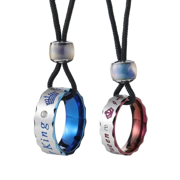 2PCS/SET Adjustable Stainless Steel Couple's Necklace Set - "Her King" & "His Queen" Inscribed Rings with Iridescent Bead, Perfect for Romantic Gifts, Valentine's Day Gift(Purple&Blue)