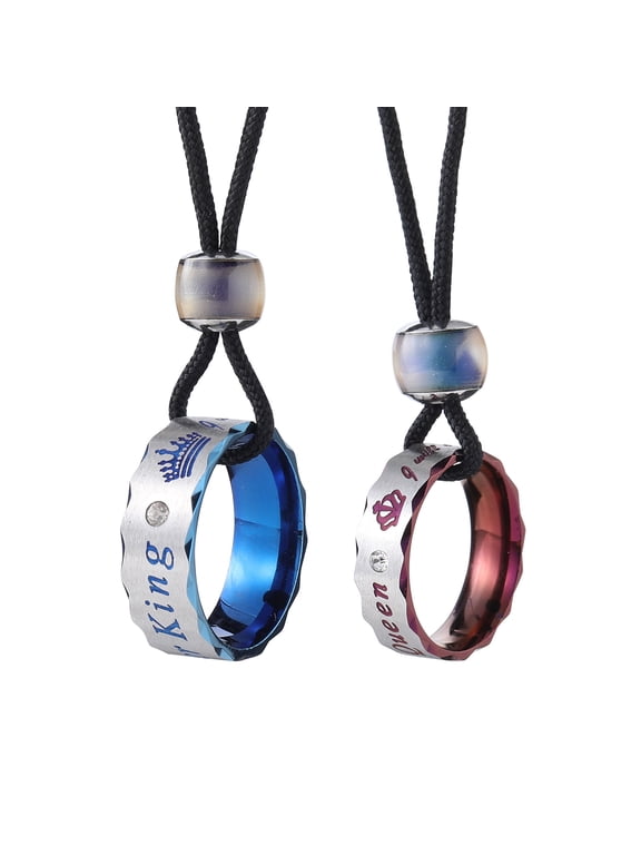 2PCS/SET Adjustable Stainless Steel Couple's Necklace Set - "Her King" & "His Queen" Inscribed Rings with Iridescent Bead, Perfect for Romantic Gifts, Valentine's Day Gift(Purple&Blue)