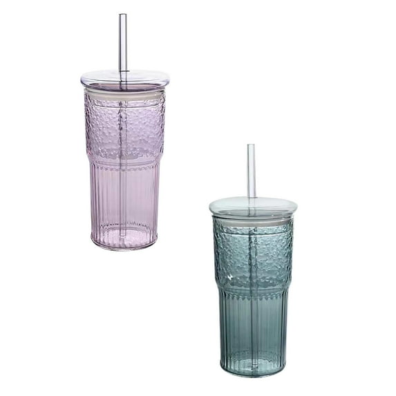 2PCS SUOKL Wheat Straw Unbreakable Cups Glass Cups With Drinking Tube And Lids 20oz Glass Cups Drinking Jar Clear Iced Coffee Cups Vintage Ripple Glassware For Water Coffee Tea Clear
