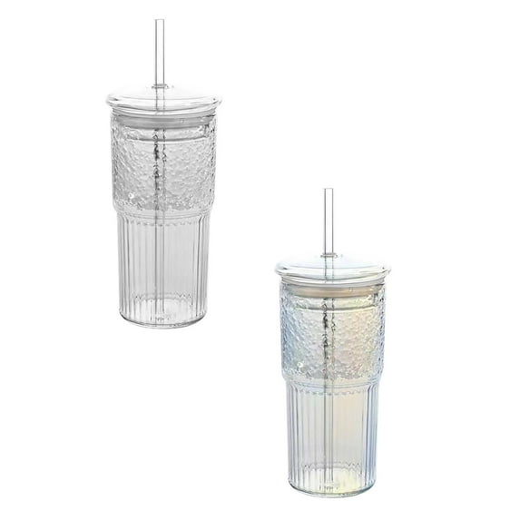 2PCS SUOKL Wheat Straw Unbreakable Cups Glass Cups With Drinking Tube And Lids 20oz Glass Cups Drinking Jar Clear Iced Coffee Cups Vintage Ripple Glassware For Water Coffee Tea Clear