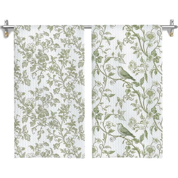 2PCS Sage Green Chinoiserie Floral Kitchen Towels, Rustic Bird Botanical Dish Tea Towels for Kitchen Decor, Grandmillennial Flower Hand Towel for Bathroom Decor, 16x24 Inches