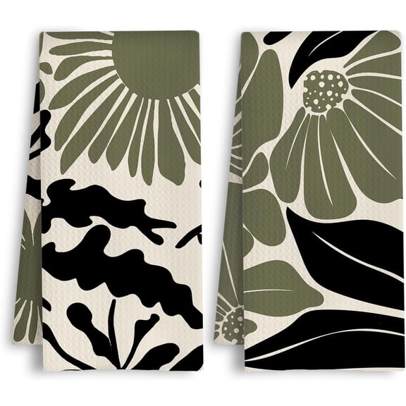 2PCS Sage Green and White Boho Daisy Floral Kitchen Towels, Abstract Modern Botanical Dish Tea Hand Towels for Kitchen Bathroom Decor, 16x24 Inch